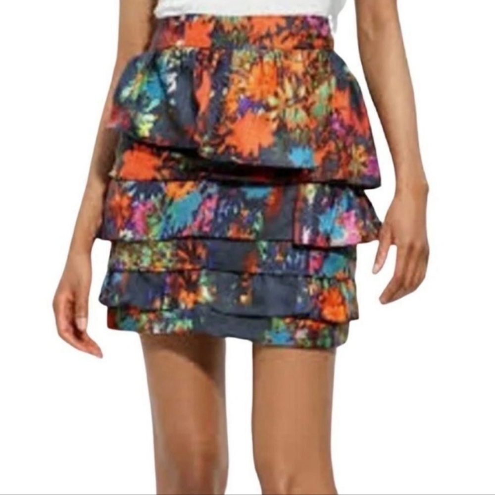 Anthropologie Leifsdottir Alegrias Tiered Silk Skirt Multicolored Print